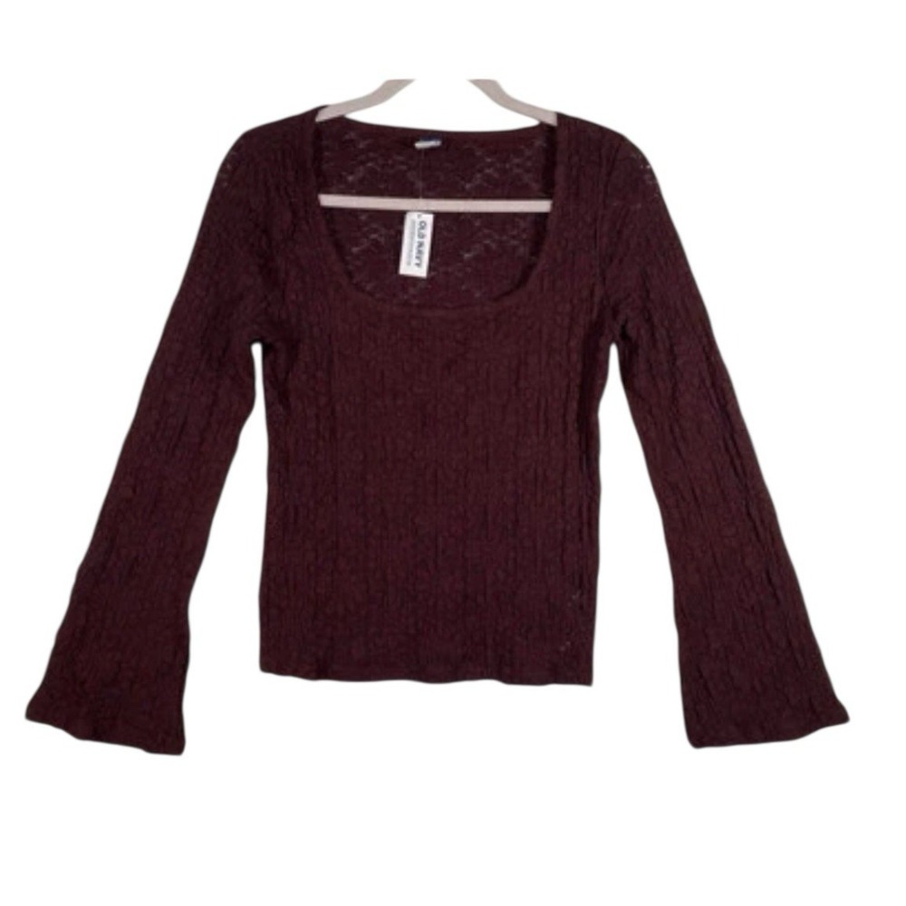 NWT Old Navy Burgundy Popcorn Knit Top‎ M Scoop Neck Bell Sleeve Poetcore